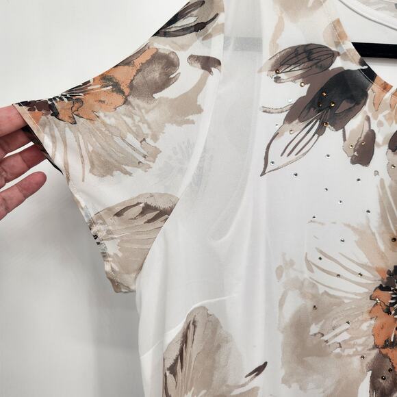 Susan Graver White Floral 2 pc. Tank Sheer Rhinestone Embellished Tunic Women L - Picture 7 of 12